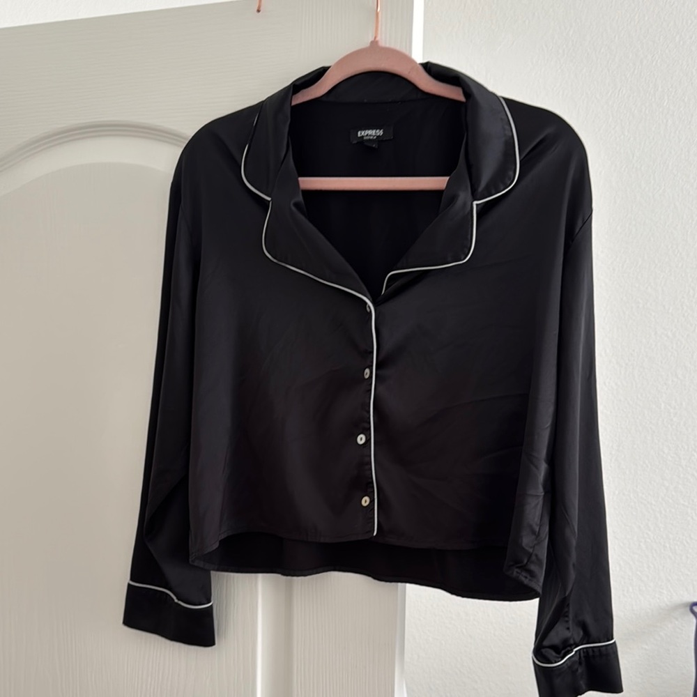 Express Black Satin Button-Up Pajama Top